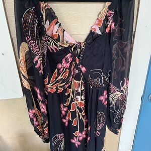 Anthropologie Black Dress with Pink and Yellow Floral Design